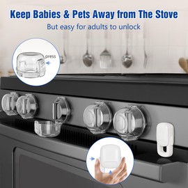 Stove Knob Safety Covers for Child (5 + 1 Pack), Upgraded Universal Size Press Gas Stove Covers with Adhesive, Heat-Resistant Childproof Oven Knob Locks for Kids and Pets (Clear)