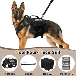 WINSEE Tactical Dog Harness with Dog Leash, Service Working MOLLE Vest with 10 Pet Patches for Large Dog, No Pull Military Harness and Backpack for Training Hunting Walking