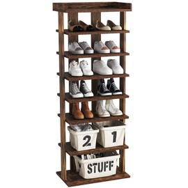 HOMEFORT 7-Tier Wood Shoe Rack, Double Rows 7-Tier Shoe Shelf, Shoe Storage Stand, Entryway Shoe Tower, Vertical Shoe Organizer Perfect for Narrow Closet, Entryway, Hallway, Bedroom, Rustic Brown