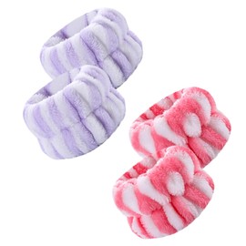 2 Pairs Wrist Washband for Women Washing Face, Wrist Spa Washband Absorbent Wristbands, Prevent Liquids from Spilling Down Your Arms (Striped Purple and Red, Fhree Elastic Bands)