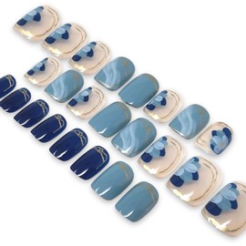 COLORBIRD Nail Tip, Blue, Flower, Short, False Nails, 24 Pieces, Gorgeous, Cute, Feminine (Iceblue Camellia)