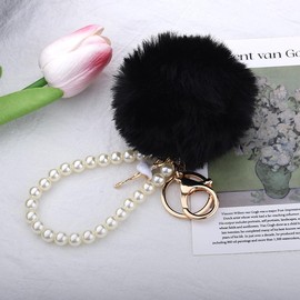 Black Pom Pom Pearl Bracelet Wristlet Keyring for Women Girls Wristlet Pompom Keychain Bracelet Faux Fur Pom Poms Key Ring for Car Keys Plush Fur Ball Keyring for Phone Handbag Bag Car Key Charm