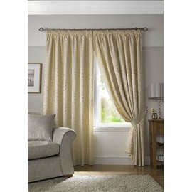 Tivoli, Cream Lined Curtains, Trailing Leave Floral Jacquard Design, Pencil Pleat Curtain Pairs, 46" x 90"
