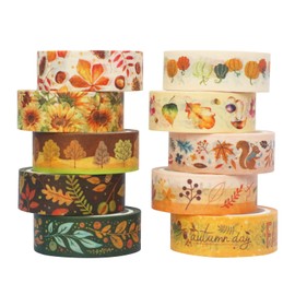 YUBBAEX 10 Rolls Four Seasons Washi Tape Set Yellow Leaves & Flowers Masking Decorative Tapes (Autumn)