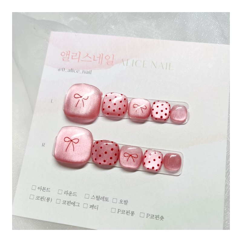 [Handmade Nail Tips] Summer Daily Pedi Tips Pink Ribbon -