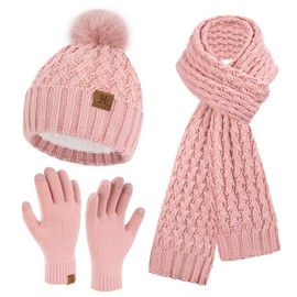Womens Winter Beanie Hat Touchscreen Gloves Long Neck Scarf Set Warm Knit Caps with Pom Fleece Gifts for Women