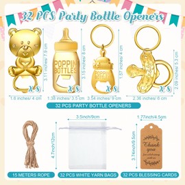 Pickmesh 32 Pcs Popping Bottle Openers Baby Shower Return Favors for Guests Bear Footprint Pacifier Baby Bottle Openers Souvenirs with Organza Bags Thank You Tags for Theme Party Supplies(Gold)