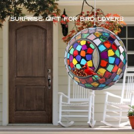 Yinns Bird Feeder - Hanging Mosaic Glass Bird Feeder, Fly Through Bird Feeder with Oval Stained Glass, Outdoor Garden Decor, 6.5 inch Purple
