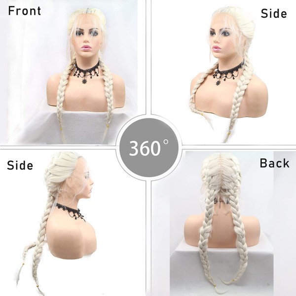 White Blonde Braided Wigs for Black Women Long Platinum Blonde Ombre Black Lightweight Synthetic Twisted Braids Wig with Baby Hair Soft Double Dutch Braided Wigs Glueless Hair Wigs Gift 22 Inch