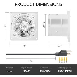 Q-Hillstar 6 inch 110V Exhaust Fan, 353CFM Variable Ventilation Fan Wall-mounted Extractor with Speed Controller for Kitchen Bathroom Garage Laundry (White)