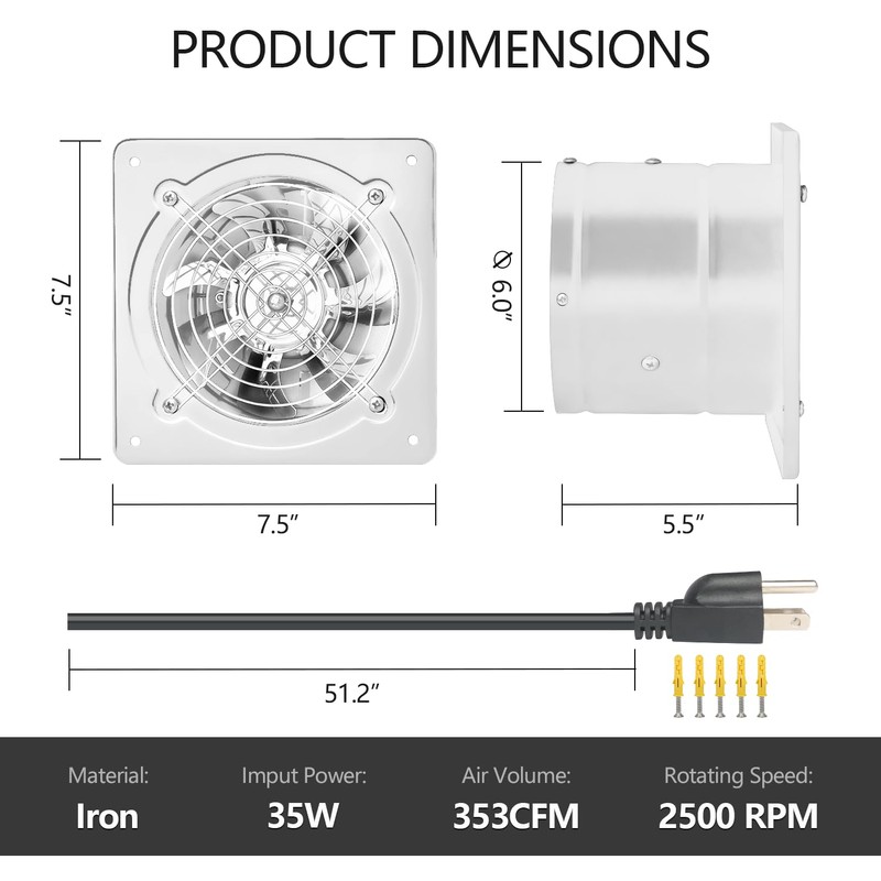 Q-Hillstar 6 inch 110V Exhaust Fan, 353CFM Variable Ventilation Fan