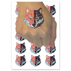 Realistic Geometric Wolf Head Temporary Tattoo Water Resistant Fake Body Art Set Collection - 15 2" Tattoos (1 Sheet)