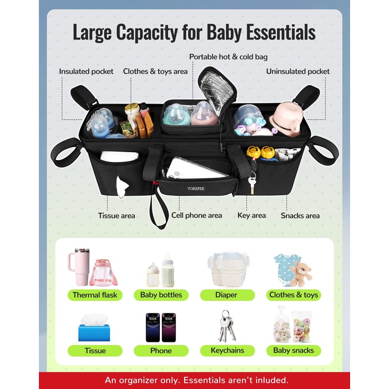 YOREPEK Padded Double Stroller Organizer with Removable Cooler Bag,Fits for