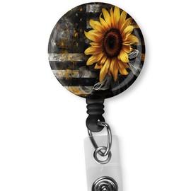 Retractable ID Card Badge Holder with Alligator Clip, Name Nurse Decorative Badge Reel Clip on Card Holders. (The Dark National Flag and Sunflowers)