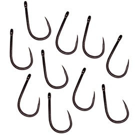Carp On - Packs of 10 Size 6 WIDE GAPE Fishing Hooks Eyed - Made From Teflon Coated Carbon Steel (Barbless - Camo Brown, Pack of 10 - Size 6) [14-7306]
