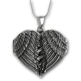 FashionJunkie4Life Sterling Silver Large Angel Wings Heart Photo Locket Necklace, 18" Snake Chain