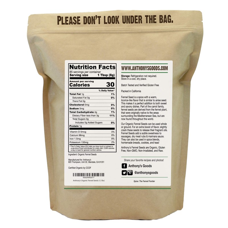 Anthony's Organic Fennel Seeds, 1.5 lb, Whole Seeds, Non-Irradiated, Gluten-Free,