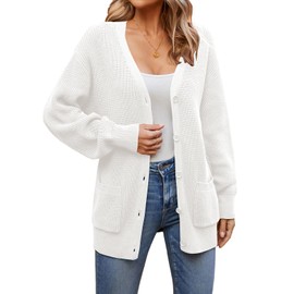 QUALFORT Women's 100% Cotton Cardigans for Women Lantern Sleeve Oversized Sweater with Pockets Off White Small