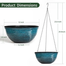 Vanslogreen 12 inch Hanging Planters for Indoor Outdoor Plants, 2 Pack Large Hanging Flower Pots with Drainage Holes and Chain, Glazed Hanging Baskets for Home Garden Decoration, Blue