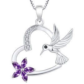 YL Hummingbird Nckelace 925 Sterling Silver Heart Pendant Created Amethyst Flower Jewelry for Women