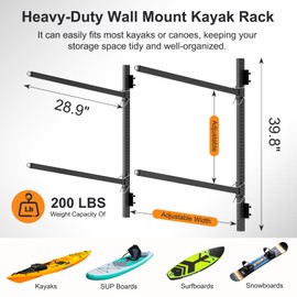 LILYPELLE Wall Mount Kayak Storage Rack, 2-Tier Heavy Duty Kayak Rack 200lbs Capacity, Kayak Holder for Garage Shed, Indoor Outdoor Storage, Adjustable Kayak Stand for Kayak, SUP, Canoe, Paddle Board