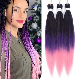 Pre-Stretched Braiding Hair 3Packs 26inch Ombre Purple and Pink Braiding Hair Extensions For Braids,Professional Soft Yaki Straight Texture(1b/purple/pink)