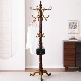 Hebtwebf Wooden Coat Racks, Retro 78" Coat Tree with 12 Hooks & Stable Triangular Base, Entryway Coat Rack Freestanding for Hat, Clothes, Scarves, Handbags, Umbrella (Vintage)