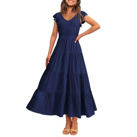 PRETTYGARDEN Women's Summer Flowy Maxi Dress Casual Cap Sleeve V Neck Smocked Beach Sundress (Solid Navy,Large)