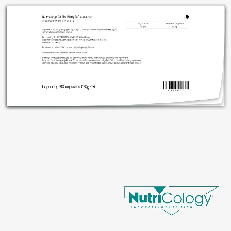 Nutricology, Ox Bile, 125mg, 180 Capsules, Gluten Free, SOYA Free,