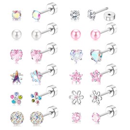 JeweBella 12/14Pairs Flat Back Earrings Stud Earrings for Women Girls Kids Surgical Steel Hypoallergenic Earrings Pearl Flower Heart CZ Cute Pink Earrings Set Screw Back Earrings Sleeper Earrings 20G