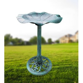 BTEXPERT BB5164 28" Pedestal Fountain Antique Flower Outdoor Garden Bird Bath Accent Yard Statue Feeder Patio Floral Decor Lily Leaf Verdigris Vintage Green Birdbath Planter Fillable Stand
