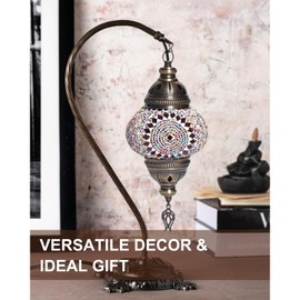 Kafthan Turkish Moroccan Mosaic Lamp – Handmade Glass Swan Neck Bedside Lamp with Antique Brass Base, Ideal Decor for Bedroom, Office, Living Room – Bulb Included (Multicolor Center Circle)