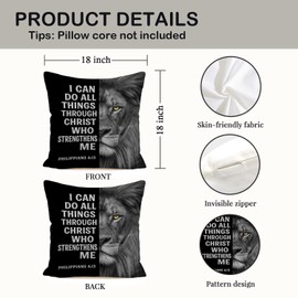 FOPENEM Inspirational Christian Lion Pillow Cover 18x18, I Can Do All Things Through Christ Philippians 4:13 Bible Verse Religious Decorative Pillow Cover for Home Boys Room Man Cave Sofa Couch