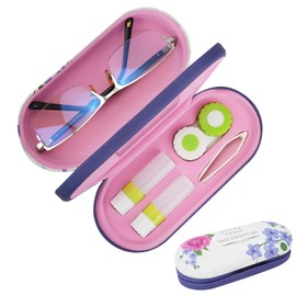 2 in 1 Contact Lens and Glasses Case, Double Sided Portable Eyeglass Case for Travel, Durable Eye Glass Cases Box Holder, Eye Contacts Kit with Built-in Mirror, Tweezer, Contact Lens Solution Bottle
