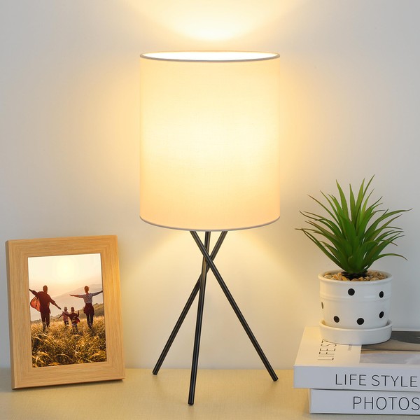 FOLKSMATE Bedside Table Lamp with Black Metal Base, Modern Small