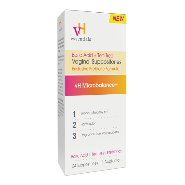 vH essentials Boric Acid + Tea Tree Vaginal Suppositories - Prebiotics Formula with Lactic Acid - PH Balance, Odor Control, Feminine Care - 24 Suppositories + Applicator, White, 2.4 Ounces (5397)