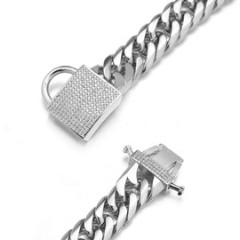 Aiyidi Heavy Double Cuban Link Chain Dog Collar Stainless Steel Silver Chain for Dog, Waterproof, Chewproof, Luxury Zirconia Lock Dog Necklace, Width16MM Dog Chain Collar for Medium Large Dogs(24'')