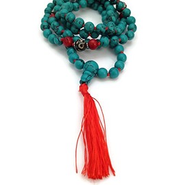 Hand Knotted Tibetan Turquoise 108 Beads Full Mala Necklace with Om Bead and Red Coral Spacers Hand Knotted