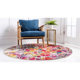 Unique Loom Estrella Collection Abstract, Bright Colors, Distressed, Modern Area Rug (8' 0 x 8' 0 Round, Multi/Beige)