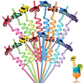 Car Curly Hard Straws, 16PCS Car Reusable Drinking Straws Washable Twisty Plastic Novelty Straw Cartoon Curly Straw Birthday Party Decorations for Family Gatherings,Juices and Smoothies