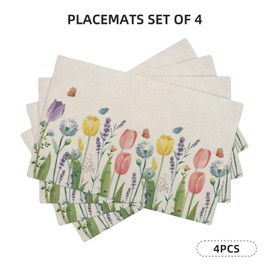 Spring Placemats Set of 4, Tulip Lavender Flower Decorative Table Mat 12 x 18 Inch Heat Resistant Non Slip Line Fabric Floral Place mat for Holiday Party Kitchen Dining Decor