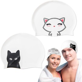 2 Pcs Silicone Swim Caps for Women Swimming Caps with Cartoon Pattern for Long Short Hair Men Adults Kids Teens Youths,Waterproof Non-Slip Comfy Bathing Cap Swim Hat to Keep Hair Dry(2 Styles)