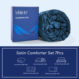 MR&HM Satin Comforter Queen 7 Pieces - Luxurious Pinch Pleat Bedding Set with Comforter, Flat Sheet, Fitted Sheet, Pillowcases & Shams, Super Silky Soft Bed Set for All Season (Queen, Teal)