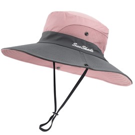 INOGIH Women Wide Brim Sun Hat UV Protection Fisherman Bucket Hiking Outdoor Hat with Ponytail Hole, pink