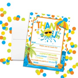 Fun In The Sun Pool Party Thank You Notes for Boys, Ten 4" x 5.5" Fill In The Blank Cards with 10 White Envelopes by AmandaCreation