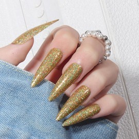 Pure Color Laser Powder Long Coffin Press On False Nails Medium Length Full Cover Acrylic Fake Nails Ballerina Nails for Women Lady Gifts Summer Nails for Salons Home DIY 24PCS (CJCY-171 Gold)