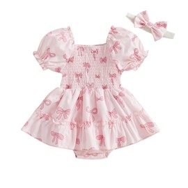 Edhomenn Baby Girl Romper Dress Bow Print Puff Short Sleeve Jumpsuit with Cute Headband Set Casual Newborn Girls Clothes 2 Piece Outfits (01 Pink, 6-9 Months)