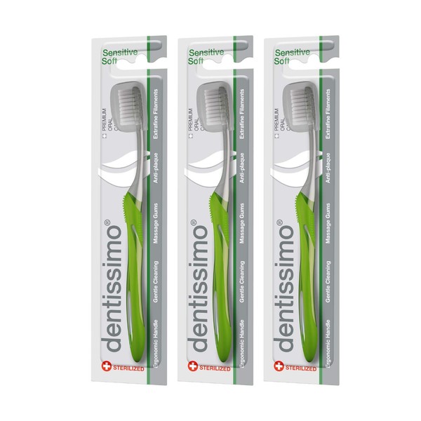 DENTISSIMO SWISS BIODENT Premium Oral Care Sensitive Soft Toothbrush for Gentle Cleansing, Green, Pack of 3