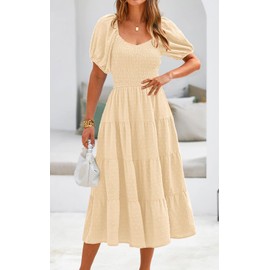 PRETTYGARDEN Women's Spring Dresses 2024 Puff Sleeve V Neck Swiss Dot High Waist Chiffon Dress Tiered Smocked Maxi Dresses (Beige,Large)
