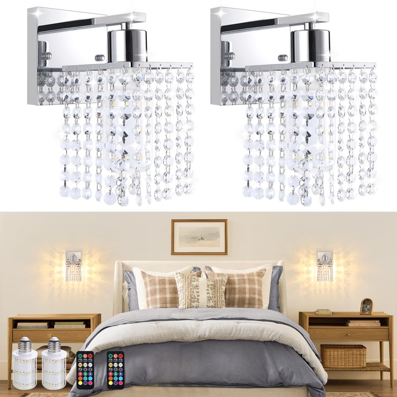 Shenmoyl Set of 2 Crystal Battery Operated Wall Sconce,Rechargeable Wall